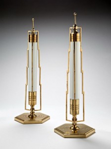 Gold and White Art Deco Table Lamps with Lightening and Electricity Motif